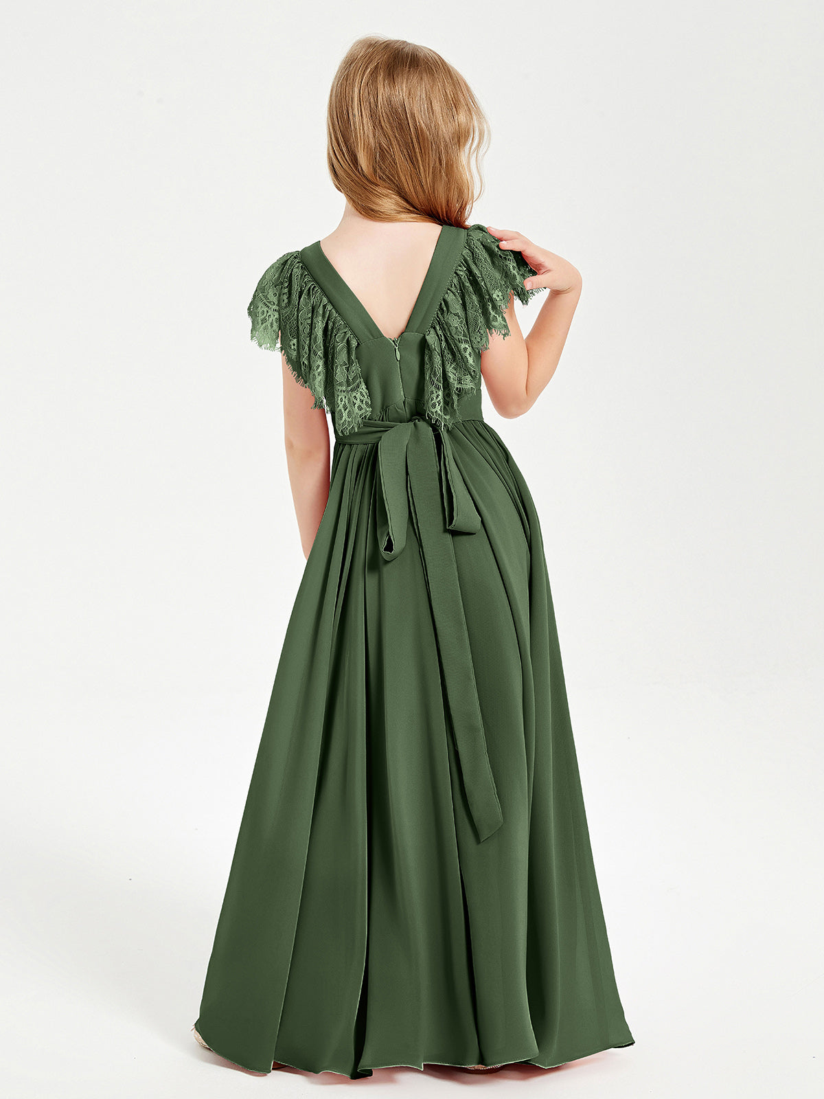 Chiffon Junior Bridesmaid Dresses with Lace Flutter Sleeves Olive Green